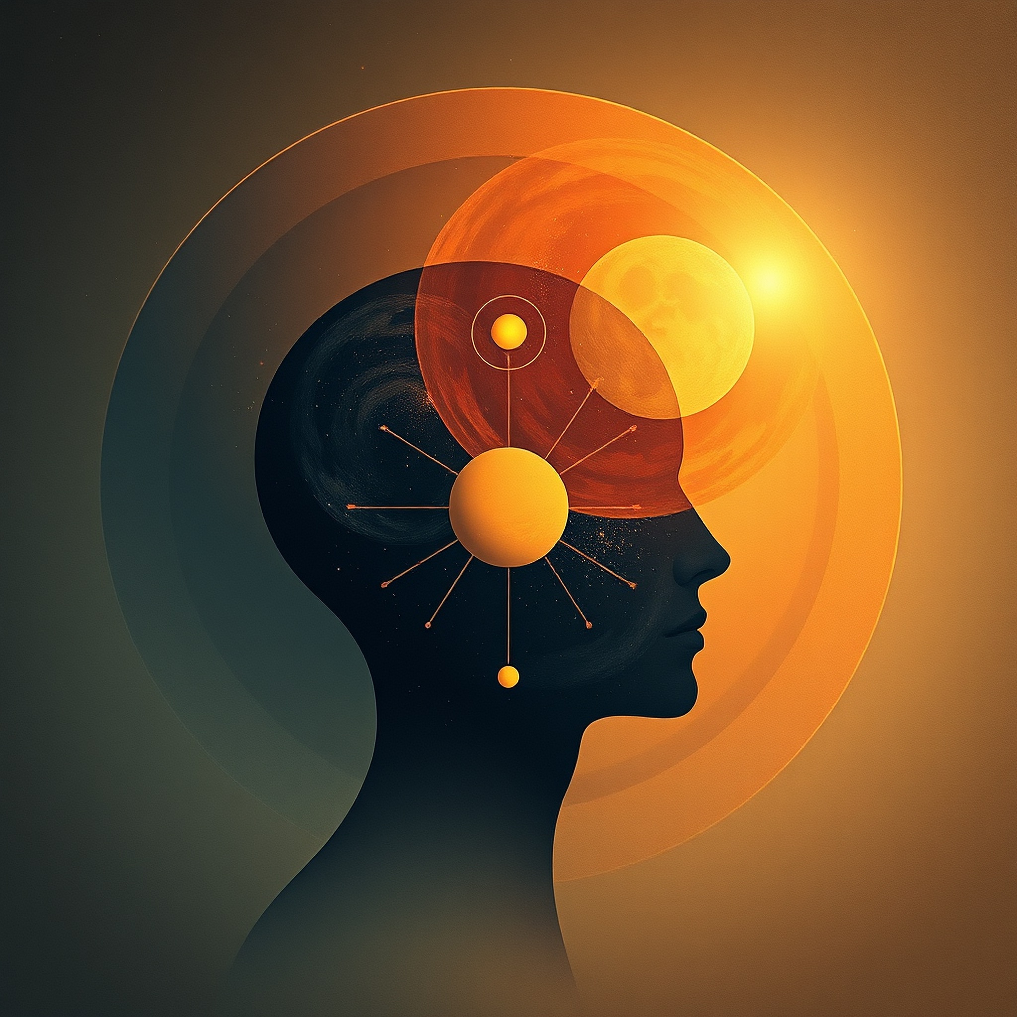 Silhouette of a head with sun and moon symbols and a radiating golden sphere, representing a Vedic astrology birth chart reading