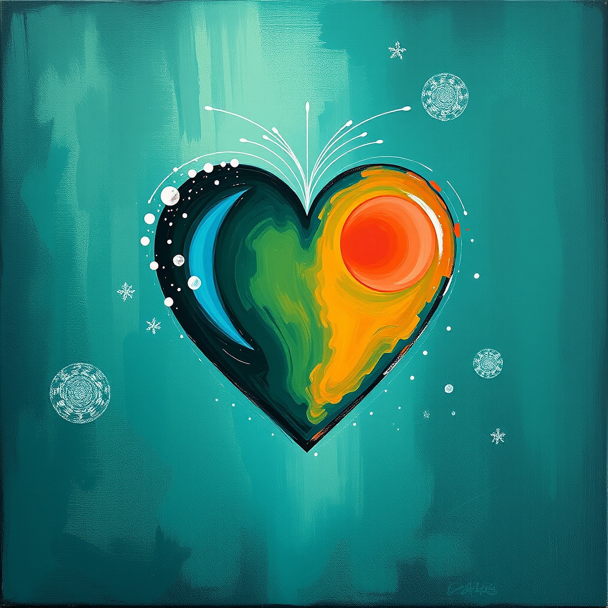 Painted heart split into cool moon side and warm sun side, symbolizing a Vedic astrology compatibility reading